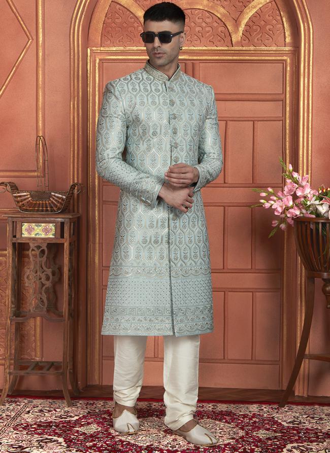 Dhupion Art Silk Sky Blue Wedding Wear Thread Work Readymade Sherwani